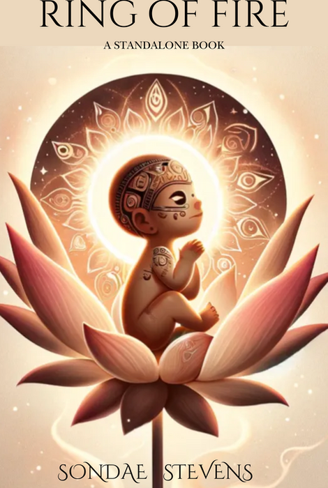 Cover of the book "Ring of Fire" by Sondae Stevens is a utopian fiction book featuring an illustrated, glowing infant with intricate symbols, sitting on a blooming lotus flower about to enter the Ring of Fire. On the otherside of the ring, the baby's parent evokes themes of birth, spirituality, and cultural depth, reflecting the book’s exploration of ancient wisdom and the sacredness of life.