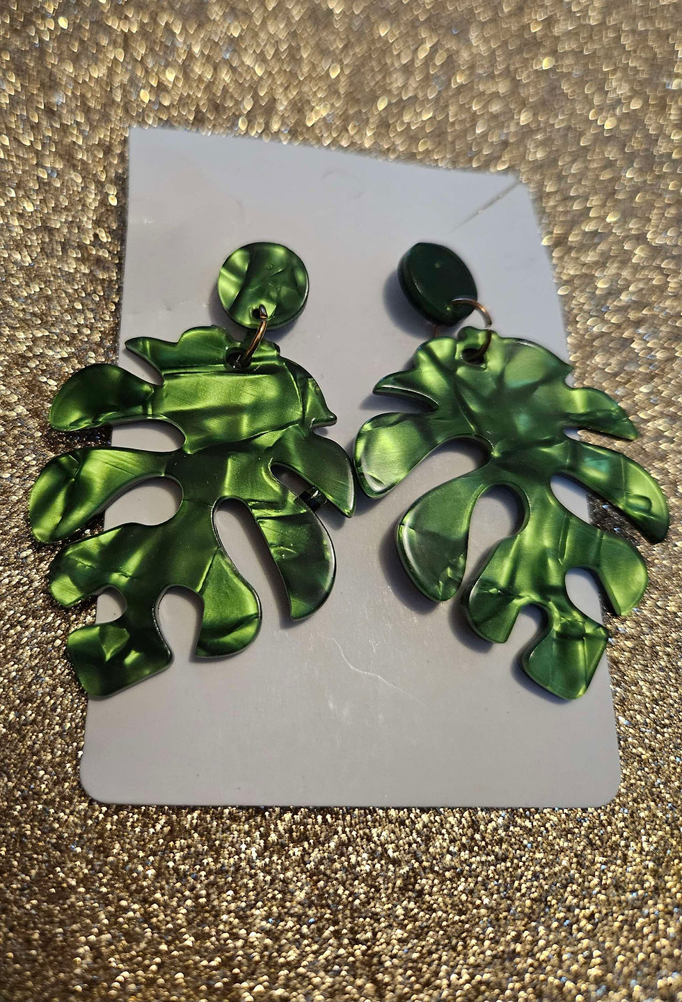 Thumbnail: Large acrylic green palm leaf earrings