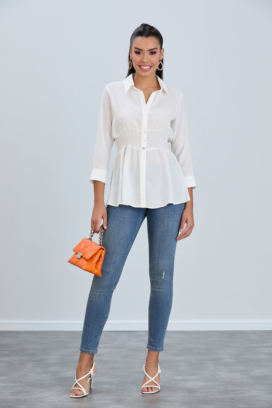 Thumbnail: Long Sleeve Elasticated Waist Blouse White