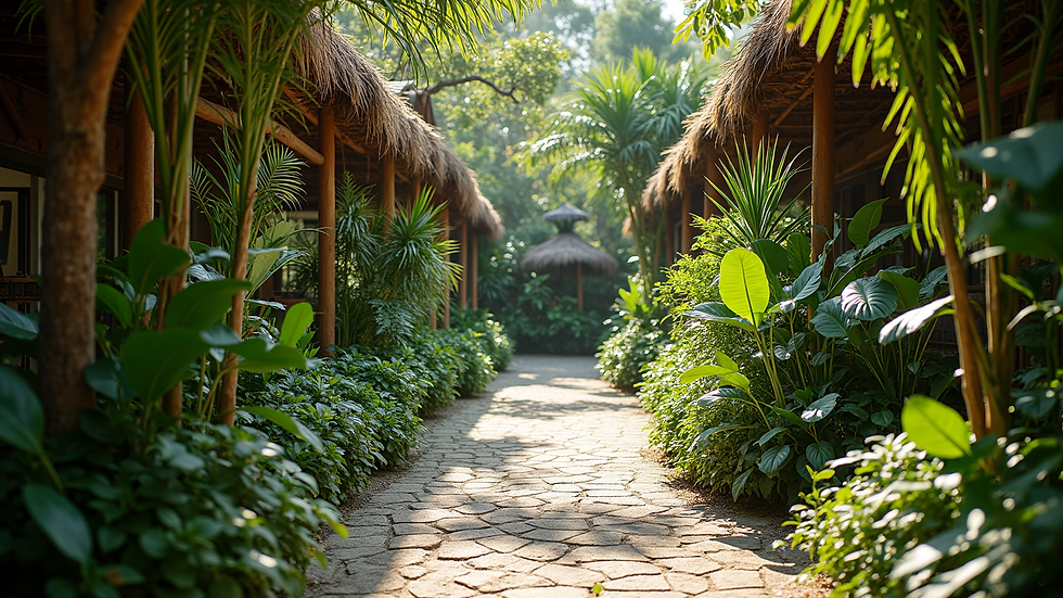 Eye-level view van een feestlocatie met jungle decoraties en planten