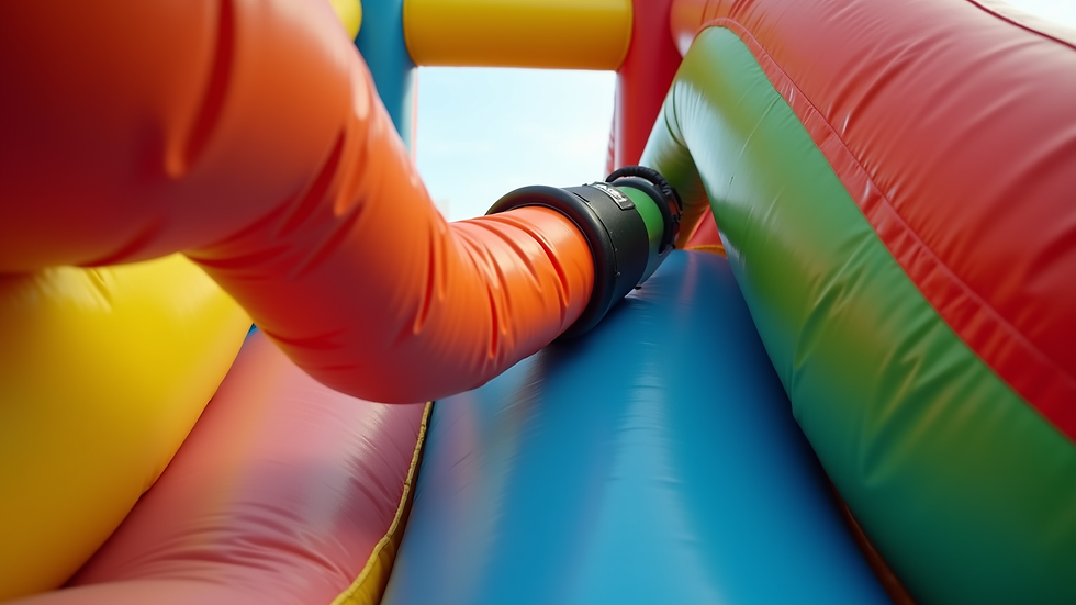 Close-up view of a blower machine inflating a colorful bouncy castle