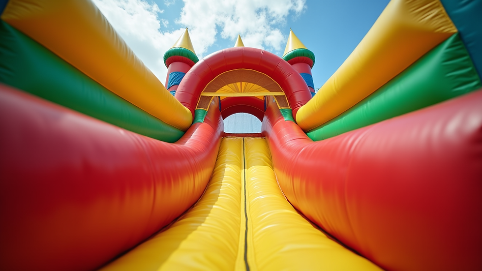 Eye-level view of a colorful inflatable bouncy castle