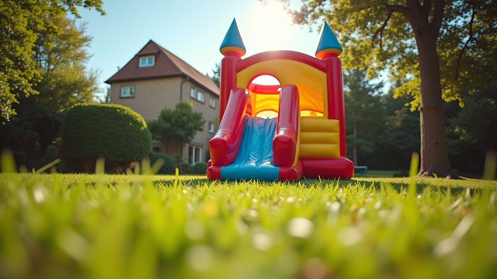 Eye-level view of a colorful inflatable bouncy castle in a garden