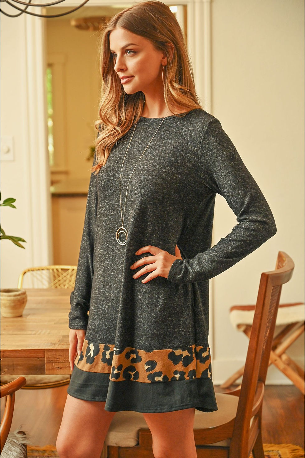 Миниатюра: Long Sleeve Leopard Contrast Dress