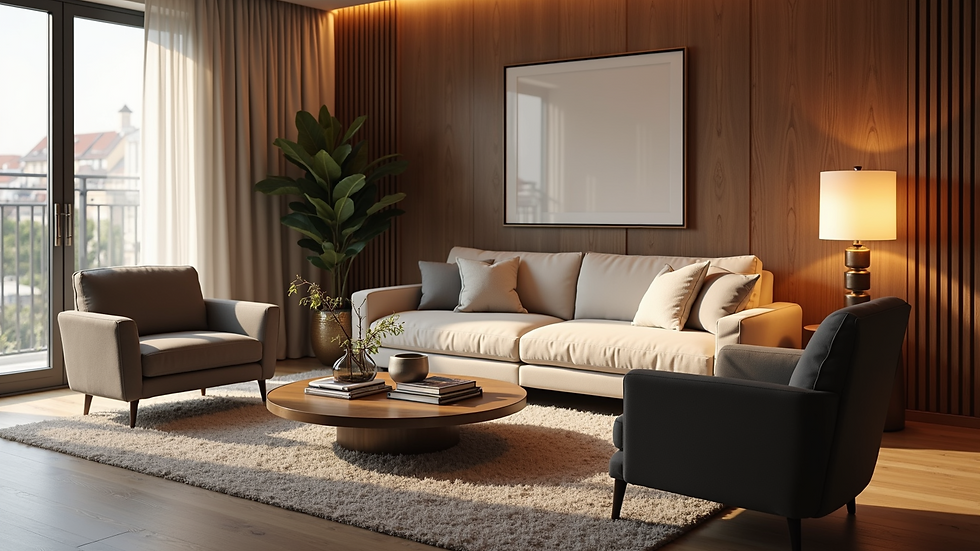 Eye-level view of a modern living room with elegant furniture and warm lighting