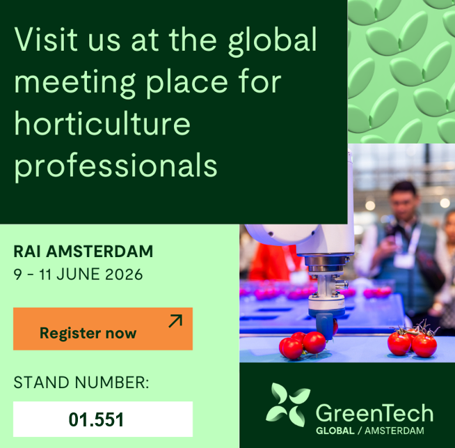 Werbeplakat für GreenTech Global Amsterdam: Roboterarm erntet Tomaten; Text zu RAI Amsterdam, 9–11 Juni 2026, Stand 01.551.