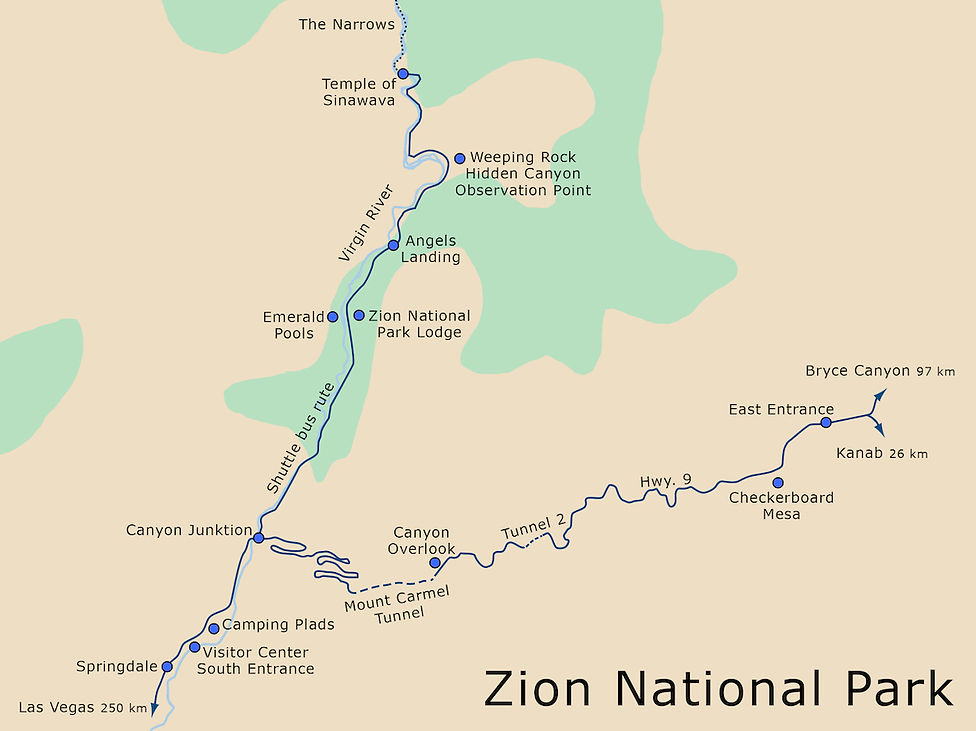 Kort over Zion National Park