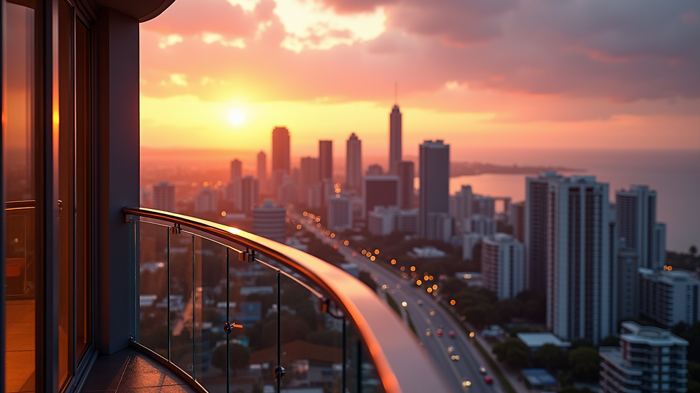 High angle view of a balcony overlooking the Gold Coast skyline at sunset