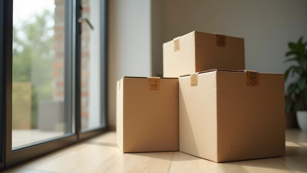 Eye-level view of stacked cardboard boxes ready for moving