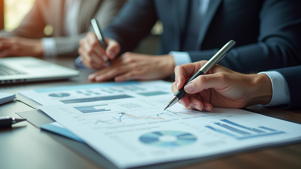 High angle view of a business meeting with financial reports and laptops