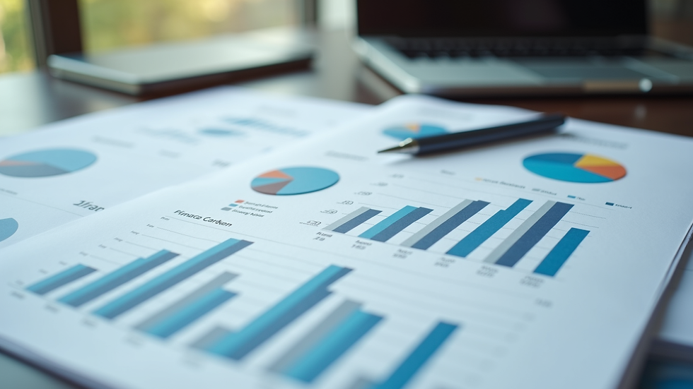 Close-up view of a financial report with charts and graphs on a desk