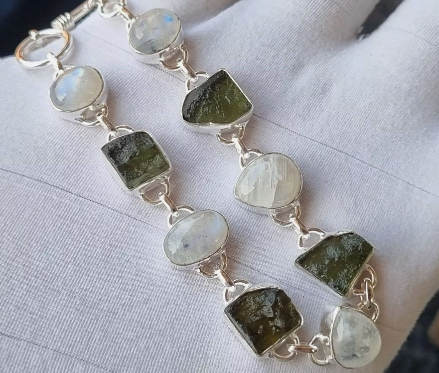 Moldavite and moonstone bracelet