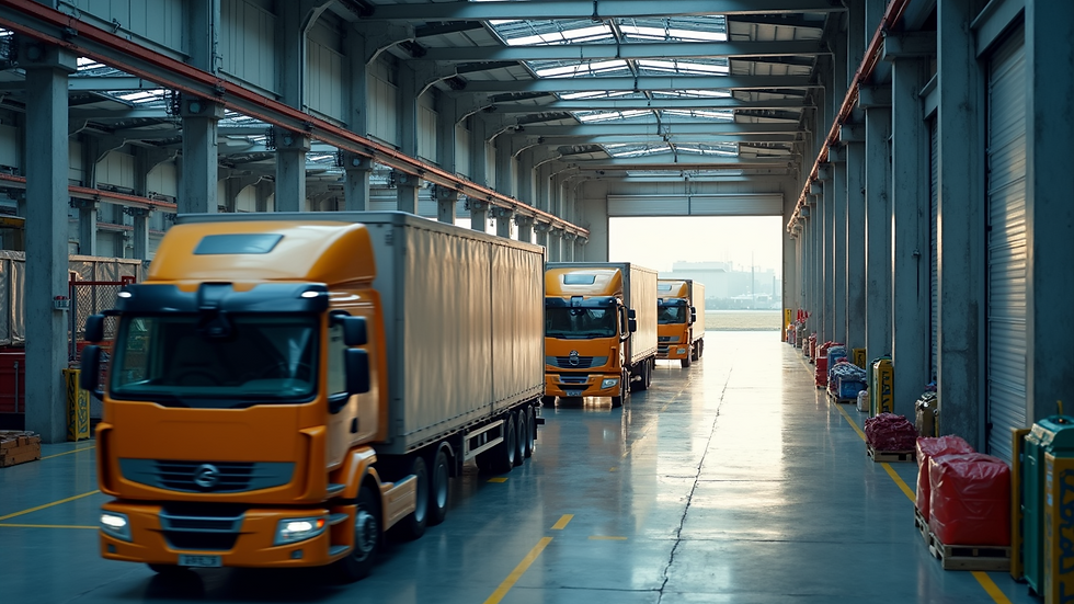 High angle view of a logistics warehouse with trucks loading cargo
