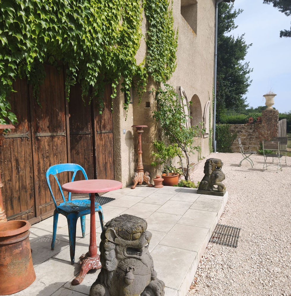 Entrée du gîte avec terrasse ombragée et jardin dans une ancienne ferme rénovée près de Castelnau-Magnoac.