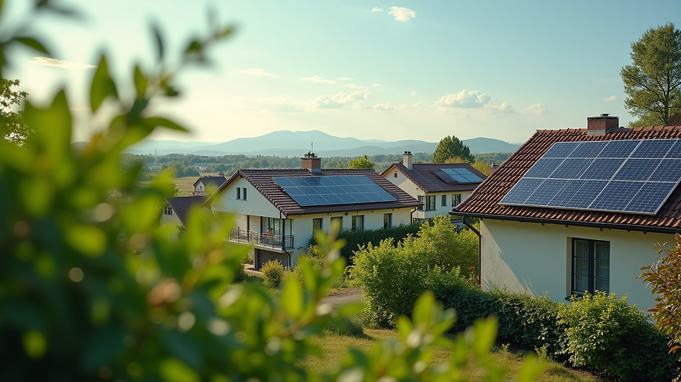 Eye-level view of a green neighborhood with solar panels on rooftops