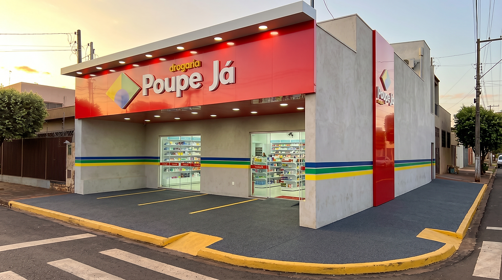 Drogaria Poupe Já em esquina urbana, fachada vermelha e cinza, vitrines iluminadas e estacionamento vazio ao entardecer.