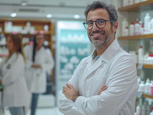 Farmacêutico sorridente de braços cruzados dentro de uma drogaria, representando o dono de farmácia que avalia abrir ou converter seu negócio em franquia