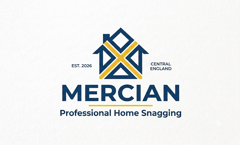 The Mercian Pro Home snagging logo. A glorious golden yellow diagonal cross overlayed on the navy blue outline of a 2D house.