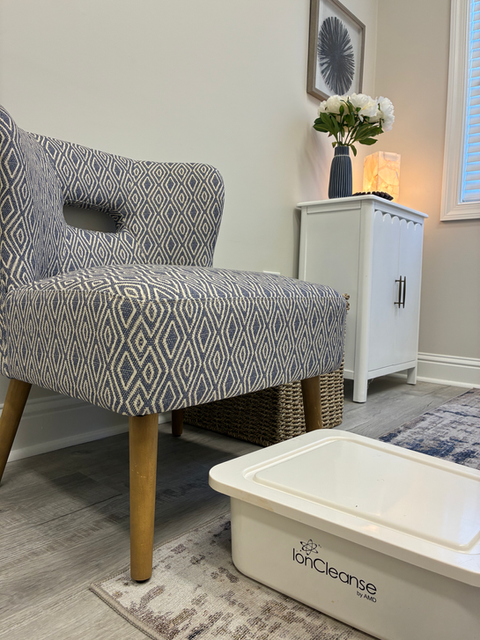 ION Cleanse foot bath setup in spa treatment room in Alpharetta, GA.