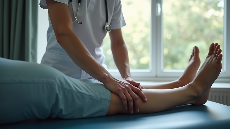 Close-up view of a physical therapist assisting a patient with leg exercises