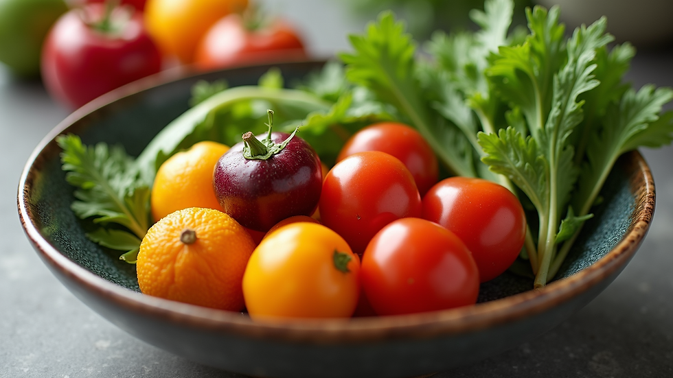 Eye-level view of a colorful bowl of fresh vegetables and fruits