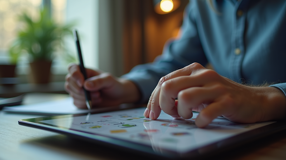 Close-up view of a person working on a tablet with digital publishing software