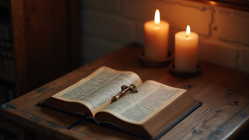 High angle view of a small prayer corner with a Bible, candle, and crucifix