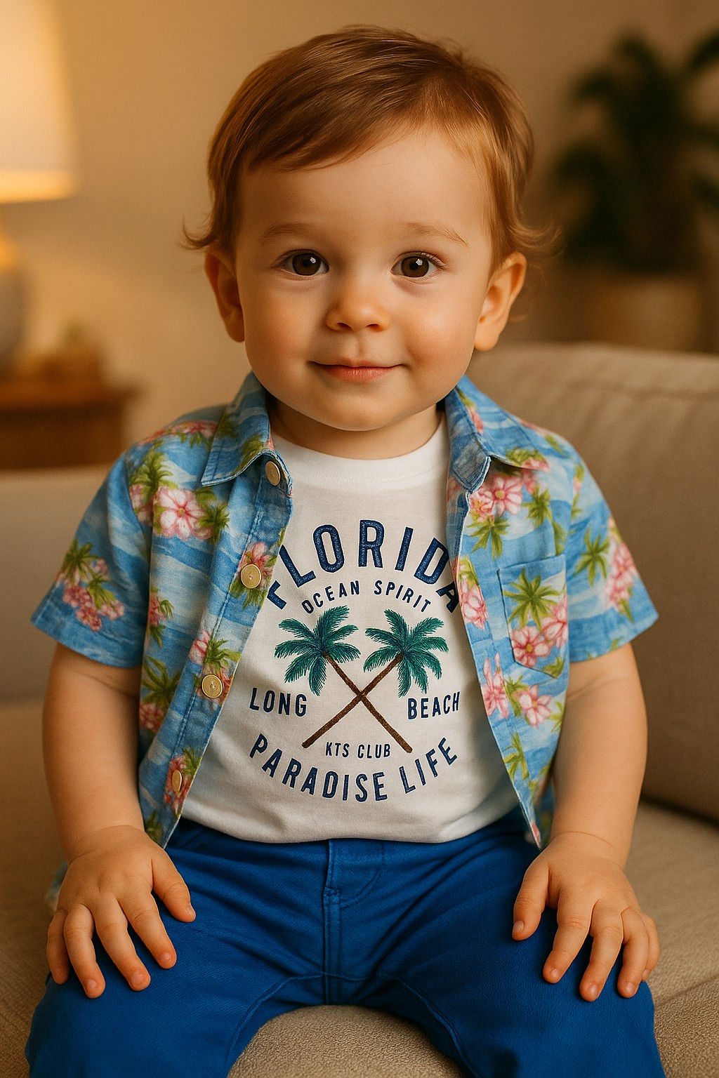 Çiçek desen gömlek, tişört ve pantolon 3'lü çocuk takım 