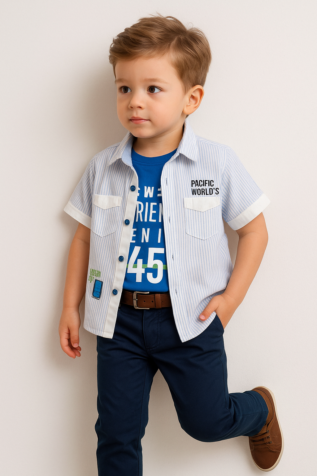 Çizgi desen gömlek, tişört ve pantolon 3'lü çocuk takım 