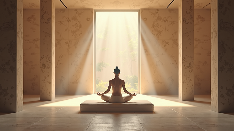 Eye-level view of a serene meditation space with soft lighting