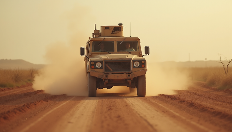 Eye-level view of a damaged military vehicle on a dusty road in Mali