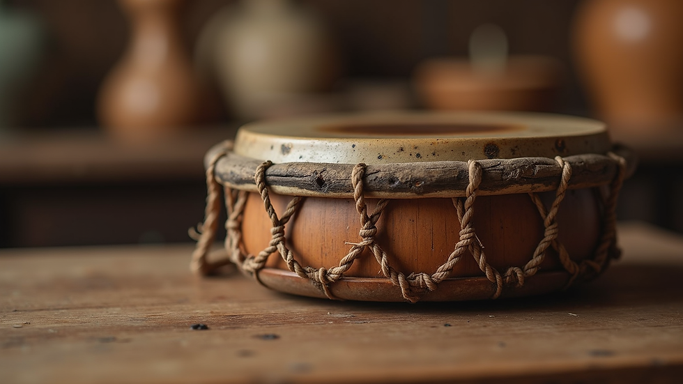 Close-up view of a traditional African drum on a wooden table