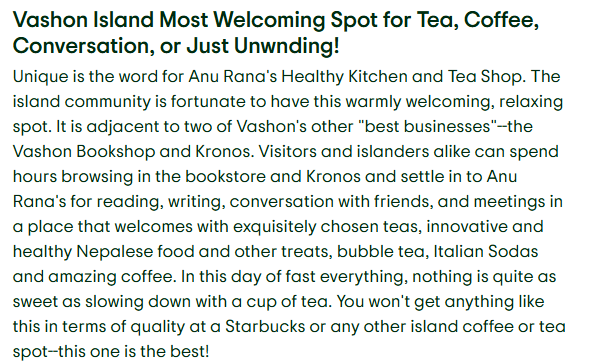 plumtart77 on Trip Advisor "Vashon Island Most Welcoming Spot for Tea, Coffee, Conversation, or Just Unwnding!"