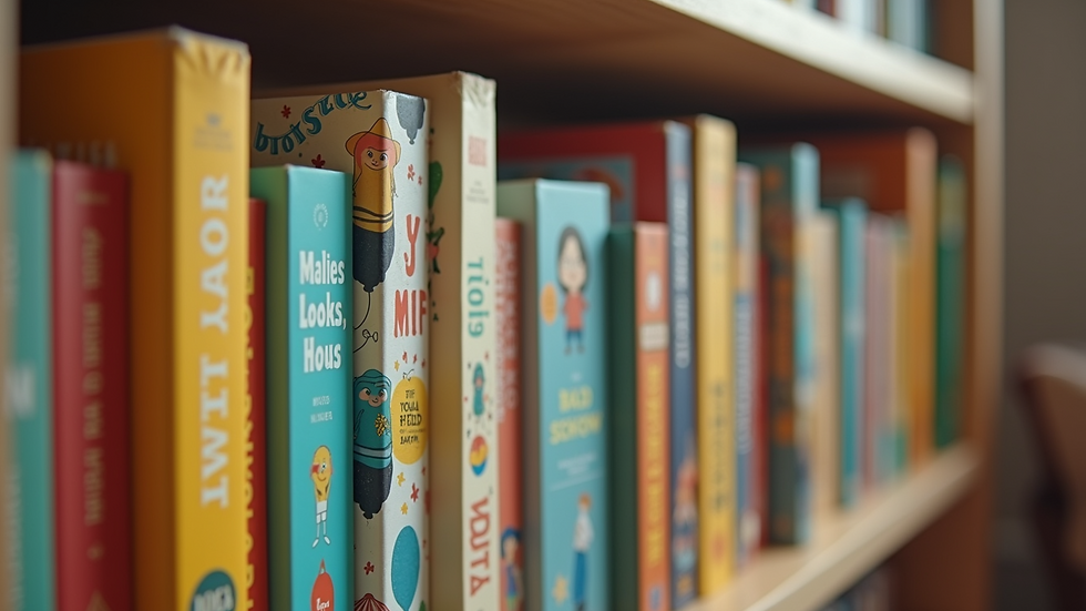 Eye-level view of a colorful bookshelf filled with children's books
