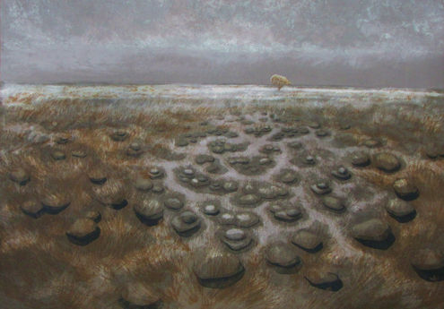 lone tree in landscape hand printed lithograph