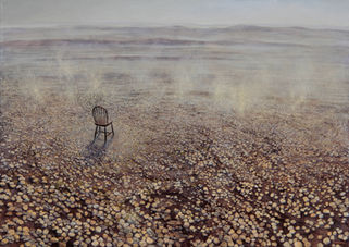 Desert landscape with one small chair in the vast space