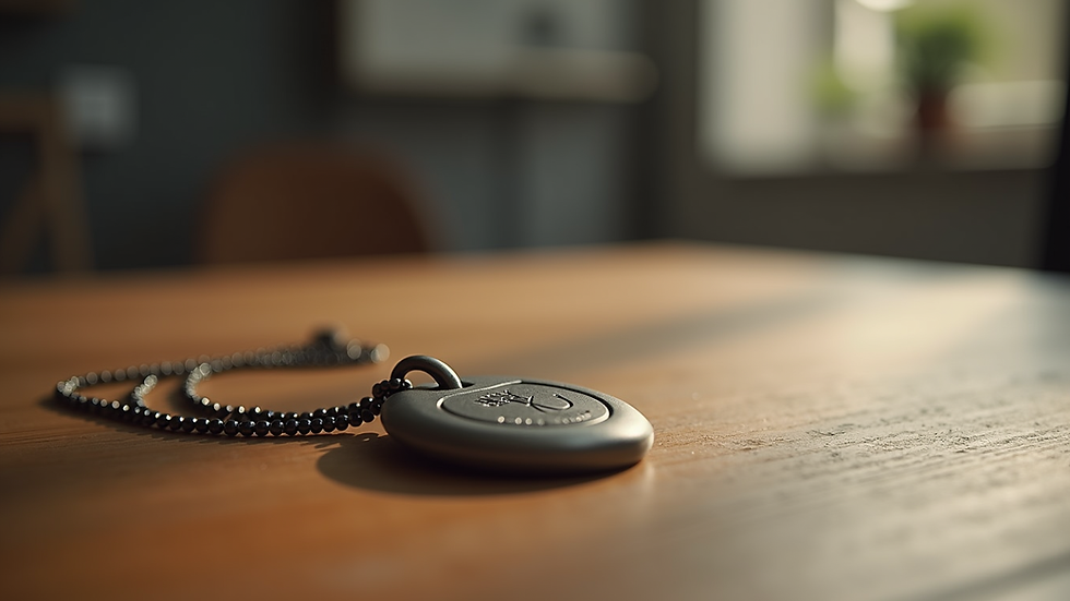 Close-up view of a personal safety pendant on a wooden table