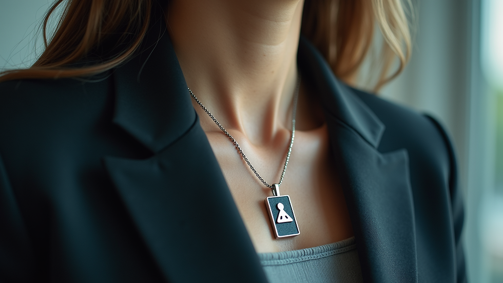 Eye-level view of a personal safety pendant worn around the neck