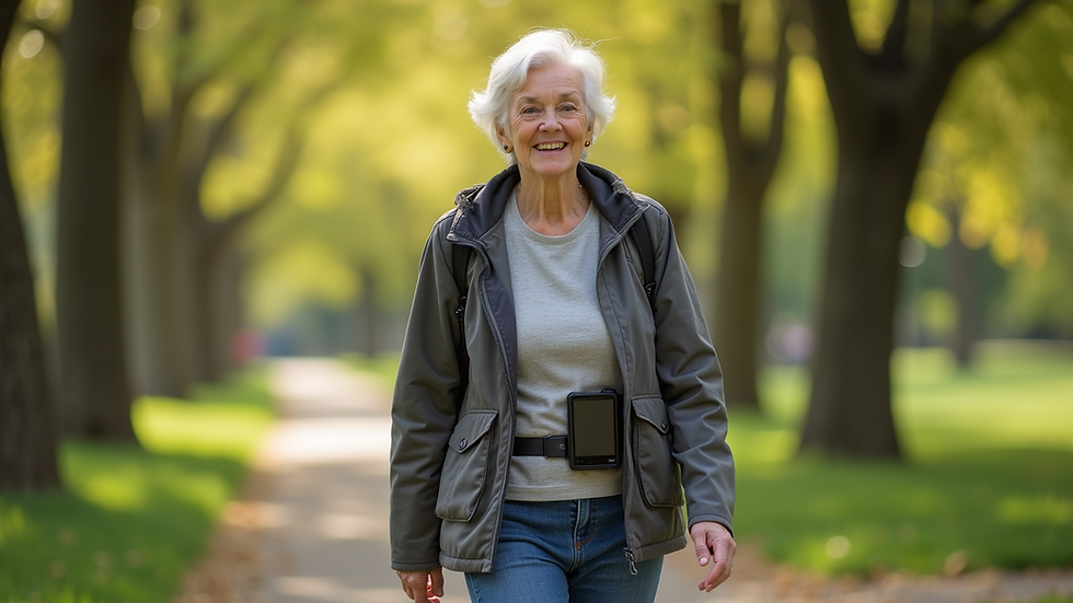 Eye-level view of a senior woman walking in a park with a GPS device clipped to her belt