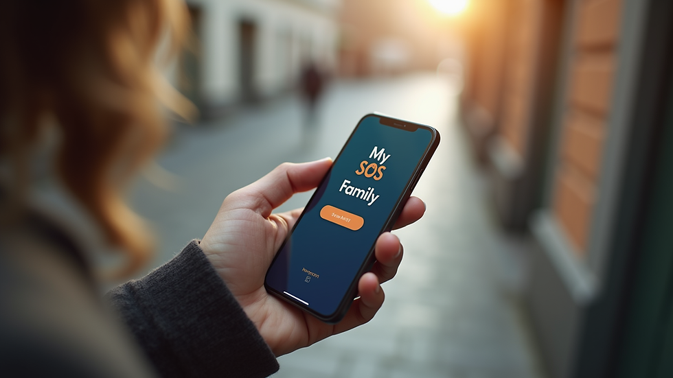 High angle view of a smartphone displaying the My SOS Family app