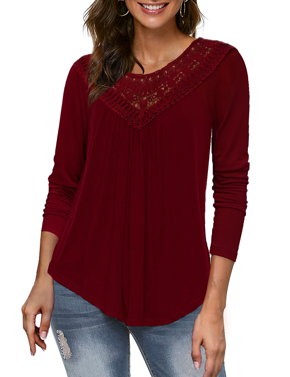 a.Jesdani Women's Plus Size Tops Long Sleeve Lace Pleated Blouses Shirts Tunic