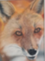 Framed artwork of a realistic fox portrait, showing the fox’s face with alert amber eyes and reddish-brown fur, set against a