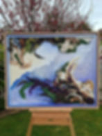 large mixed-media artwork created on a wooden artist board using a combination of natural and artistic materials.