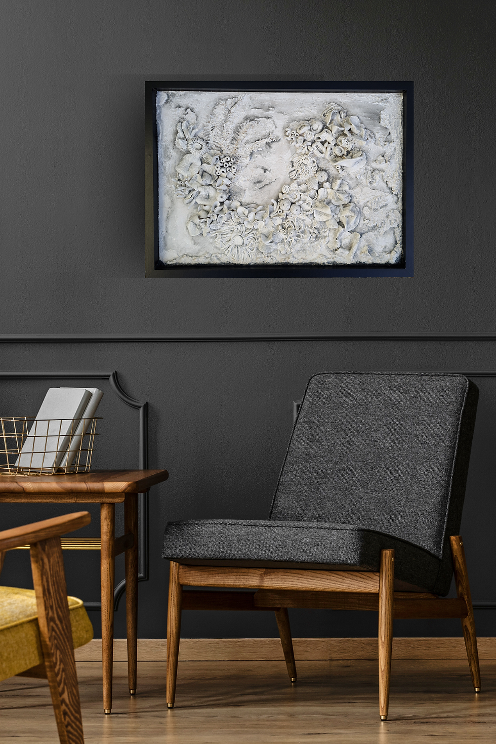 Thumbnail: marine mosaic  wall hanging displayed in a modern dark color themed living room