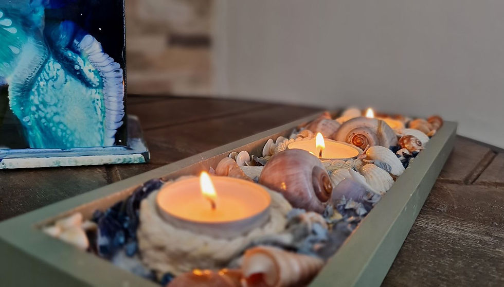 Thumbnail: seashell tealight holder in grey green wooden frame collage