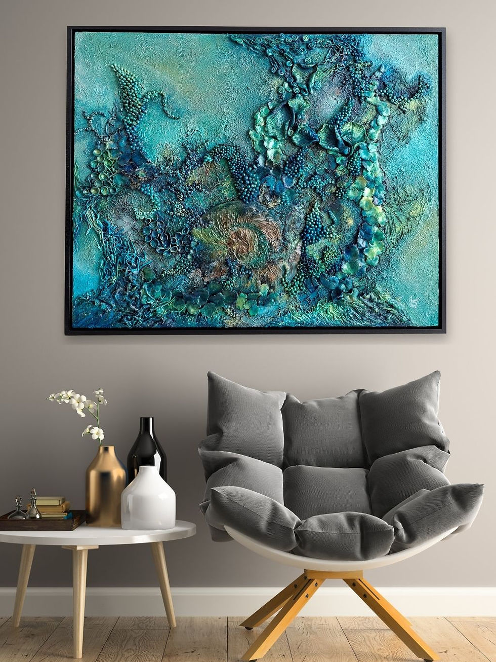 Thumbnail: handmade textured mixed media artwork ocean theme inspired by the  creatures of the the ocean