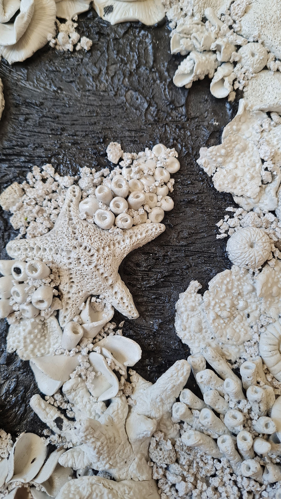 Thumbnail: Black frame and white clay coral reef wall art, ocean theme featuring seashells and corals. Very detailed handmade components