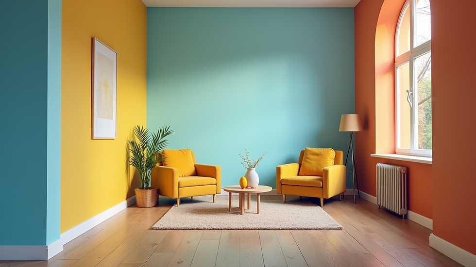 Eye-level view of a freshly painted living room with vibrant colors