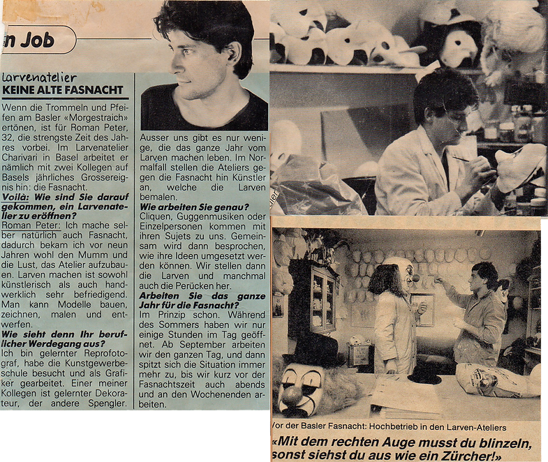 Scans von Zeitungsausschnitten aus 1985, Voilà Magazin. Die Artikel handeln vom Larven Atelier Charivari, wo das Magazin Larvenmacher Roman Peter für ein Interview befragte.