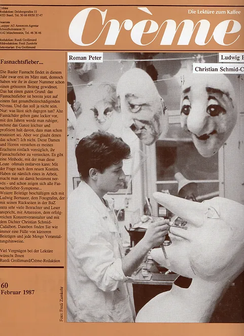 Künstler und Larvenmacher Roman Peter auf der Magazin Titelseite der Crème, Ausgabe 60, 1987